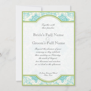 Aqua Blue Lime Iris Quatrefoil Wedding Invitation