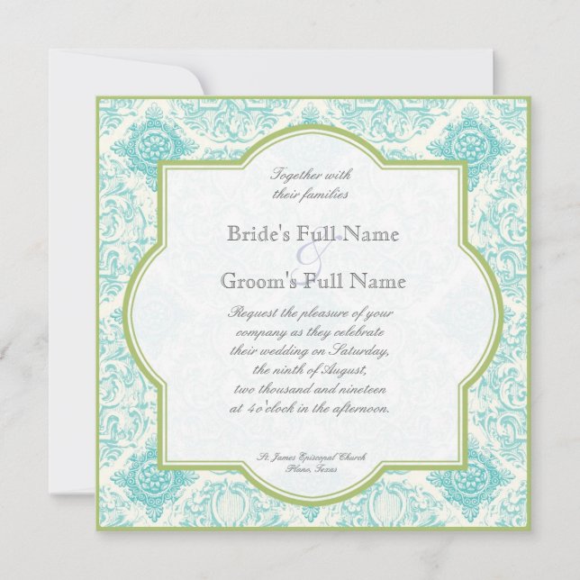 Aqua Blue Lime Toile Quatrefoil Mariage Invitation (Devant)