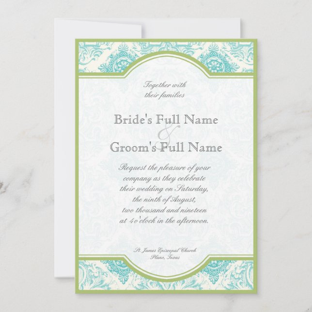 Aqua Blue Lime Toile Quatrefoil Mariage Invitation (Devant)