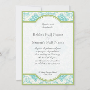 Aqua Blue Lime Toile Quatrefoil Mariage Invitation