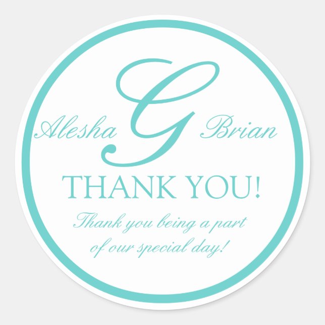 Aqua Blue Monogram G Mariage Favoriser Stickers (Devant)