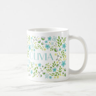 Aqua Blue Nom Personnalisé Joli Floral Girlly Mug