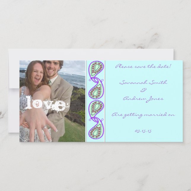 Aqua Blue Paisley Save the Date with Your Photo (Devant)