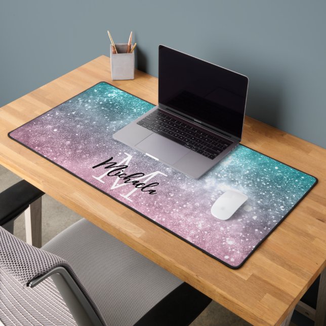 Aqua blue Pink ombre mer galaxie abstraite Monogra (Bureau 2)