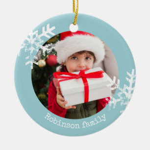 Aqua Blue Rustic Circle Photo Ornement Snowflakes