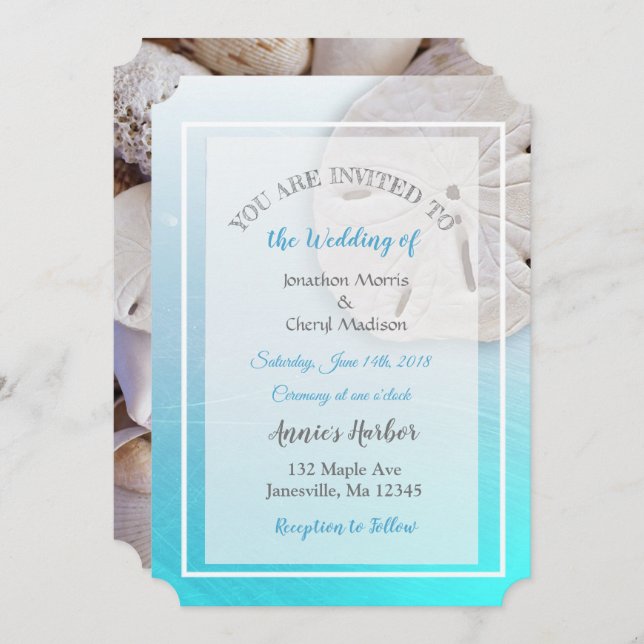 Aqua Blue Sand Dollar Thème Mariage Invitations (Devant / Derrière)