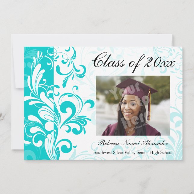 Aqua Blue Swirl Faire-part de graduation photo (Devant)