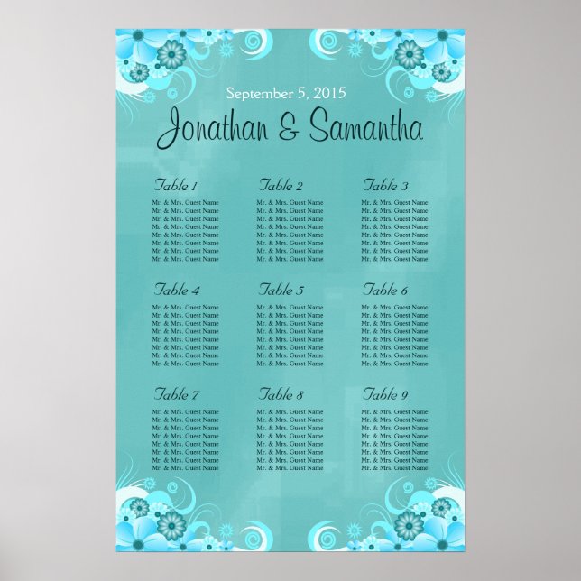 Aqua Blue Turquoise Floral Mariage Tableau Cartes  (Devant)