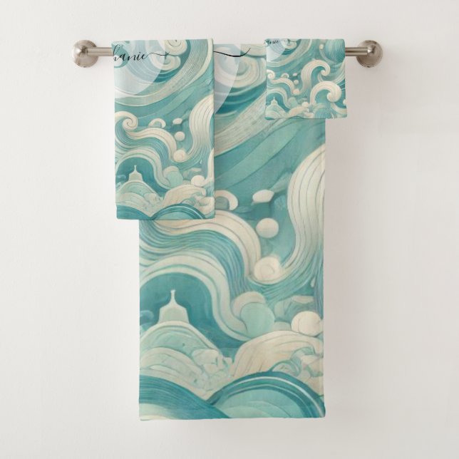 Aqua Blue & White Wave Abstraite - Art moderne Flu (En situation)