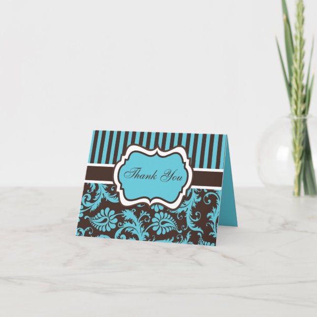 Aqua, Brown, Blanc Damask Merci Carte Note (Devant)