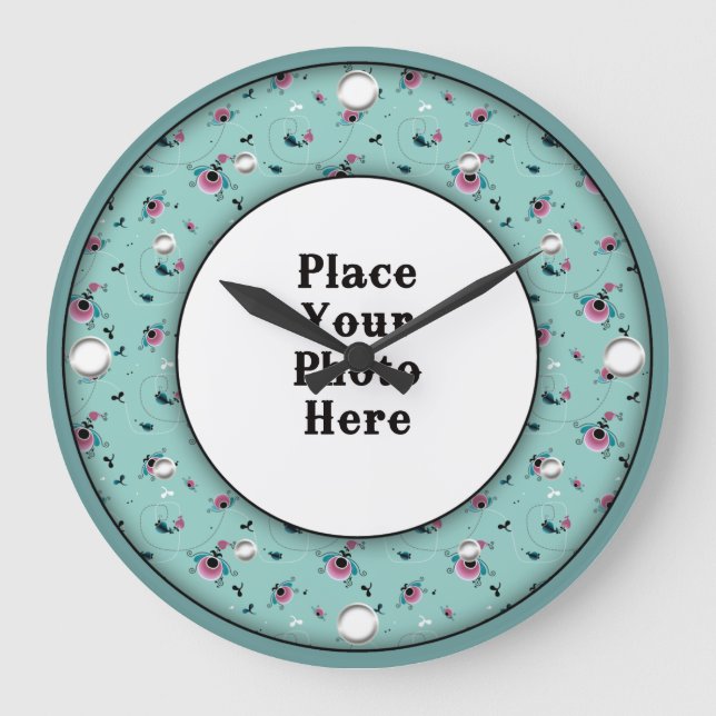 Aqua Cadre Floral Votre horloge murale photo (Recto)