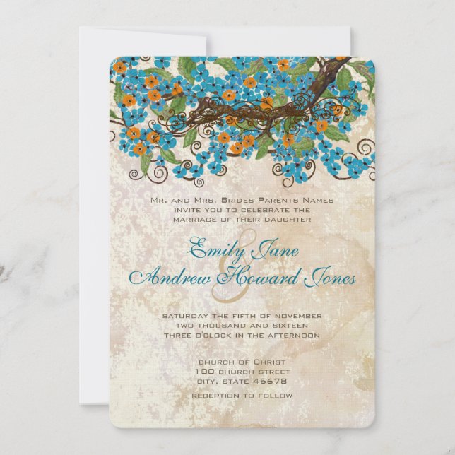 Aqua & Coral Cherry Blossom Tea Stain Invitations (Devant)