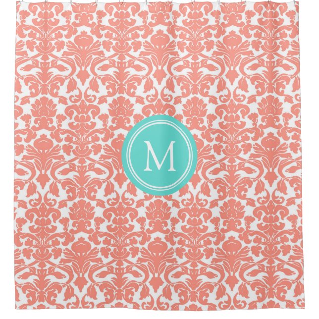 Aqua Coral Damask Monogramme Douche rideau (Devant)