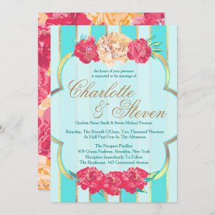 Aqua, Coral et Or, Floral, Invitations de mariage