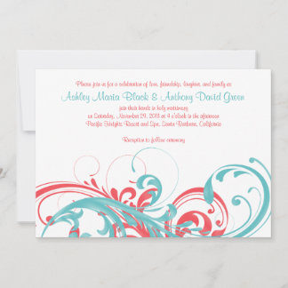 Aqua Coral Floral Destination Mariage Invitation