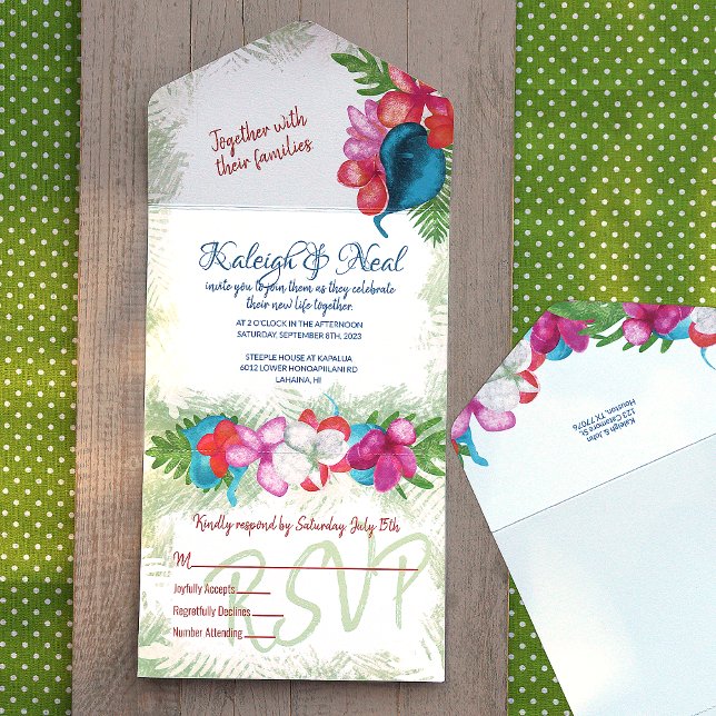 Aqua Coral Plumerias Faire-part de mariage (tropical teal calla lily pink and coral plumeria flower wedding invitations all-in-one with rsvp)