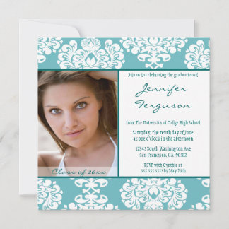 Aqua damask photo graduation faire-part