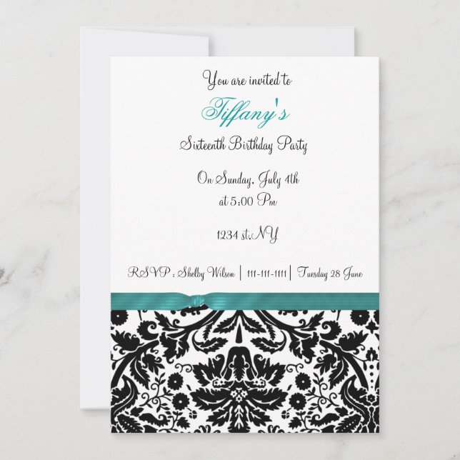 aqua damask Sweet sixteen party Invitation (Devant)
