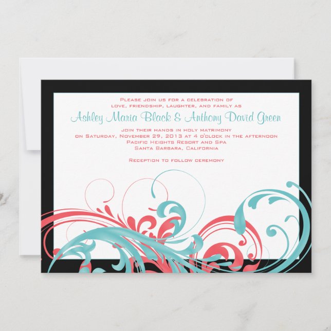 Aqua et Coral Floral Faire-part de mariage (Devant)
