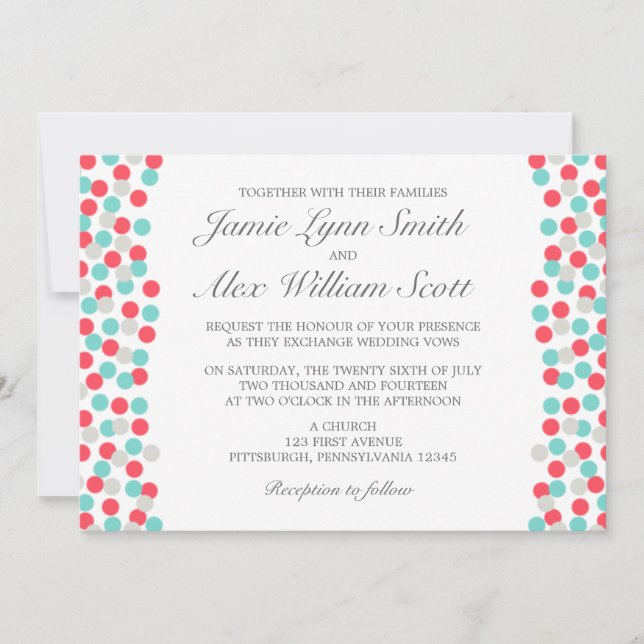 Aqua et Coral Polka Dot Faire-part de mariage (Devant)