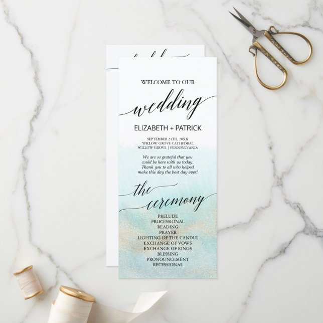 Aqua et Gold Watercolor Beach Wedding Programme (Devant/Arrière en situation)