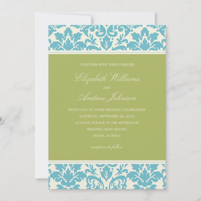 AQUA ET LIME DAMASK| FAIRE-PART DE MARIAGE (Devant)