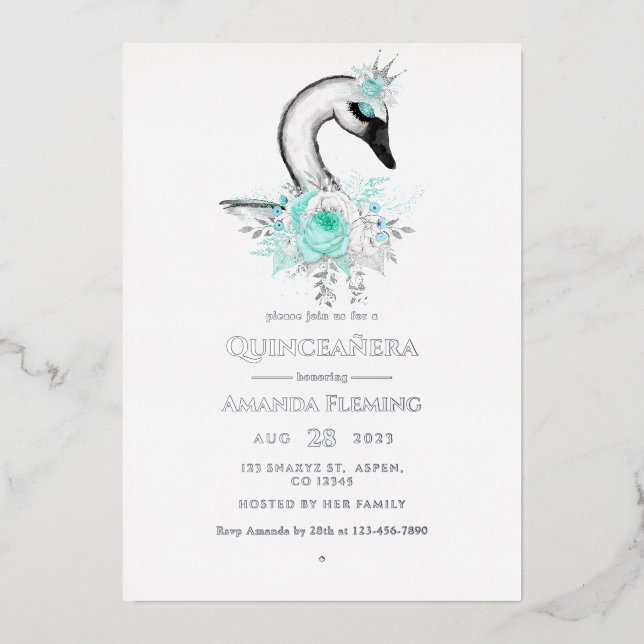 Aqua et Silver Swan Quinceañera Foil Invitation (Recto)