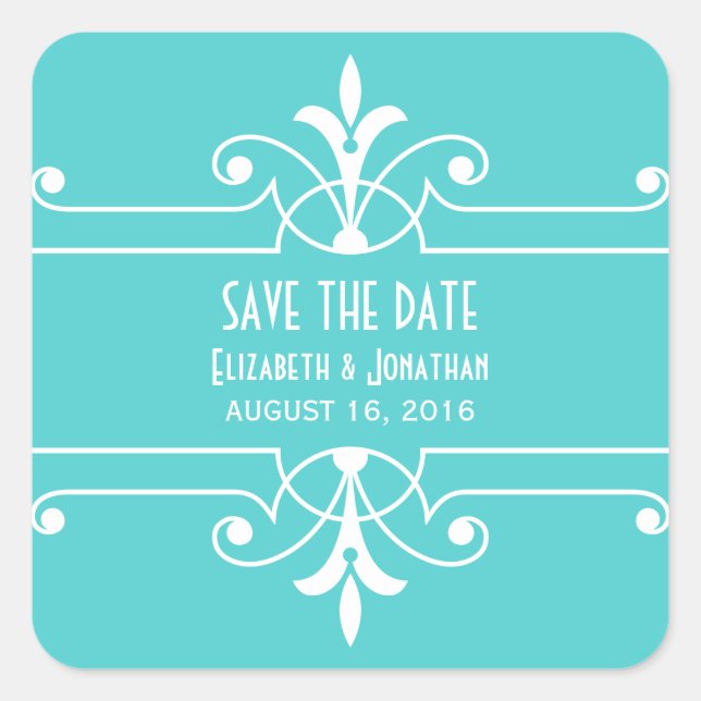 Aqua Fancy Ornamental Save the Date Stickers (Devant)