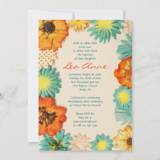 Aqua Fleurs Baptême Christening Invitation Personn (Devant)