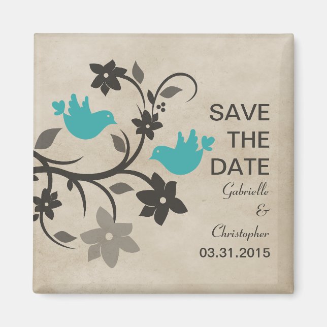 Aqua Floral Lovebirds Save the Date Magnet (Devant)