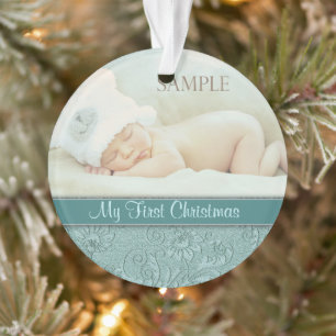 Aqua Floral Swirl Baby First Christmas
