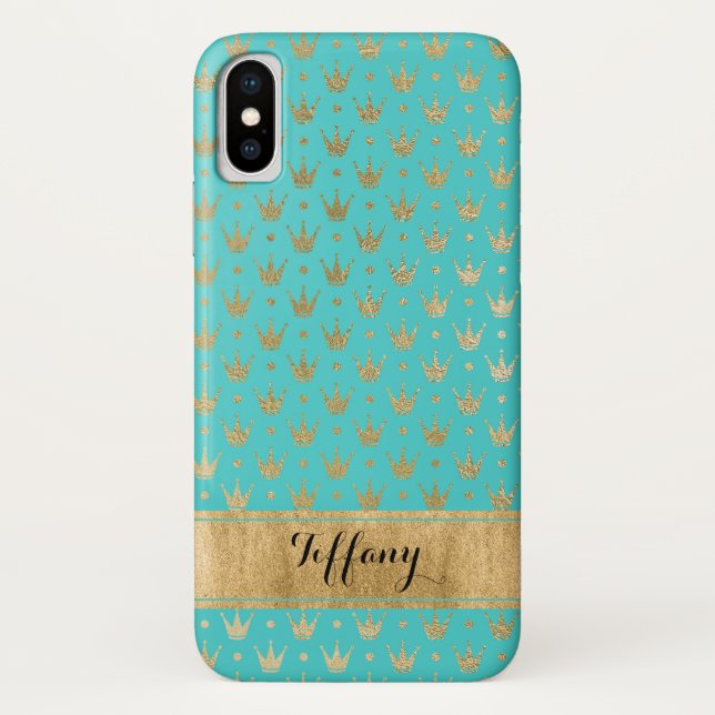 Aqua, Gold Crowns Coque-Mate iPhone X Coque (Dos)