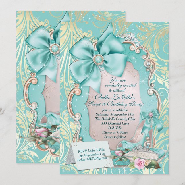Aqua & Gold Princess Sweet 16 Invitation (Devant / Derrière)