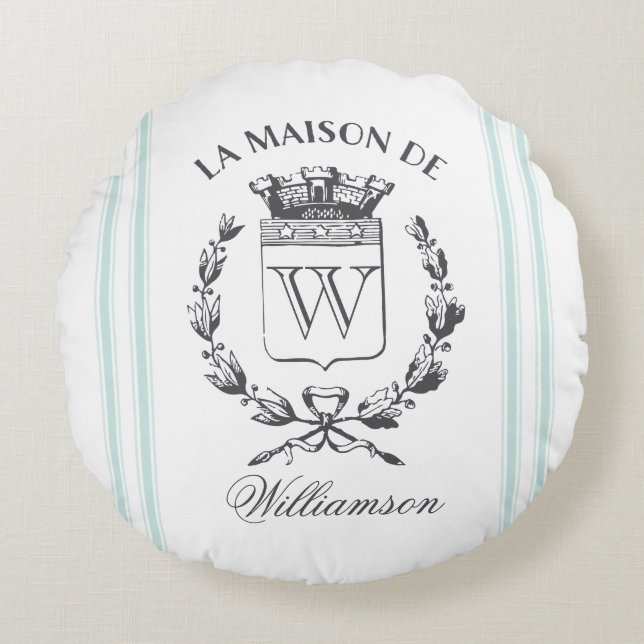 Aqua Grain Sack Custom Family Crest Coussin rond (Devant)