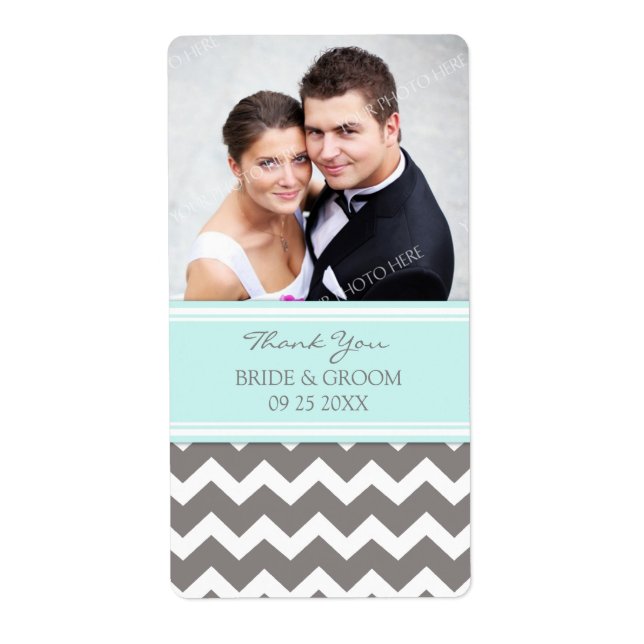 Aqua Grey Chevron Photo Mariages Étiquettes (Devant)