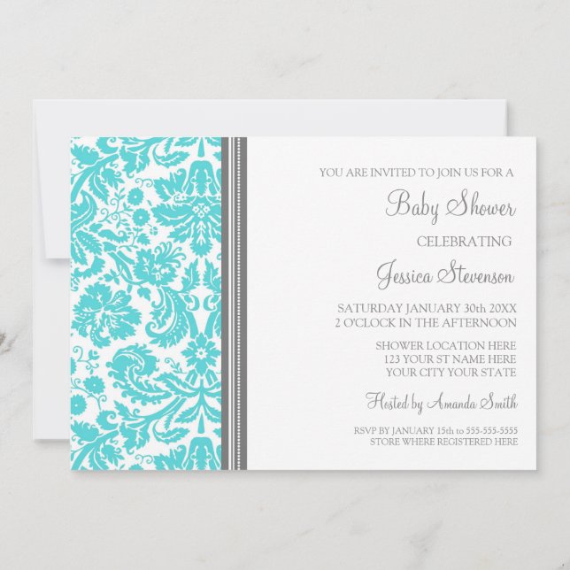 Aqua Grey Damask Custom Baby Shower Invitations (Dos)