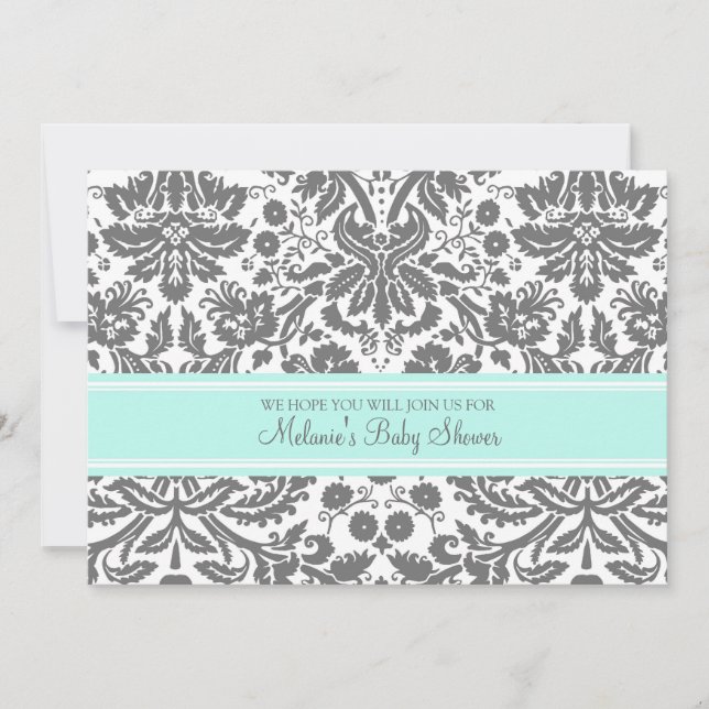 Aqua Grey Damask Invitations Custom Baby Shower (Devant)