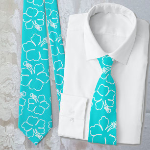 Aqua Hibiscus Outline Motif Cravate Mariage