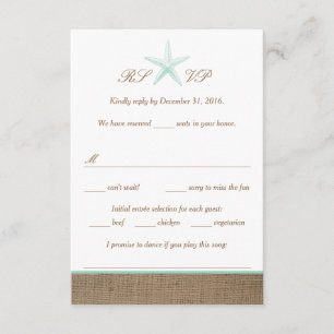 Aqua Mint Starfish Burlap Beach Wedding Cartes RSV
