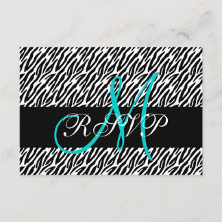 Aqua Monogram Zebra Print Wedding Carte RSVP