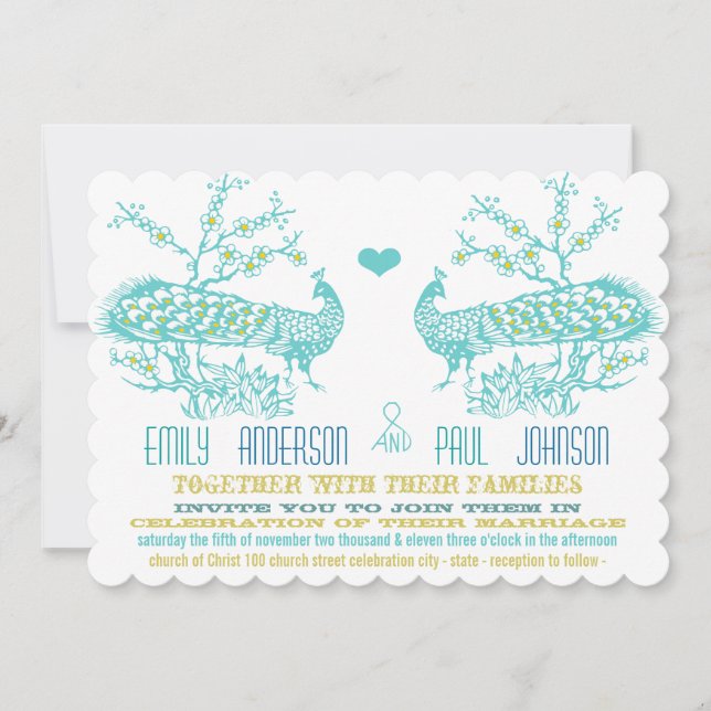 Aqua & Mustard Yellow Peacock Invitations de maria (Devant)