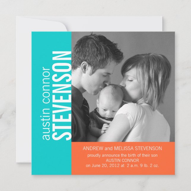 Aqua Orange Modern Baby Boy Faire-part de naissanc (Devant)