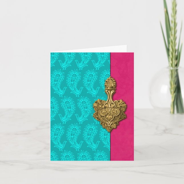 Aqua Paisley Peacocks Indian Note Cartes (Devant)