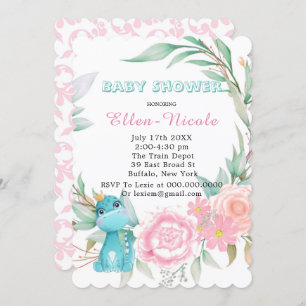 Aqua Princess Dinosaures Peony Invitations Baby sh
