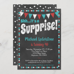 Aqua Red Chalkboard Invitation surprise