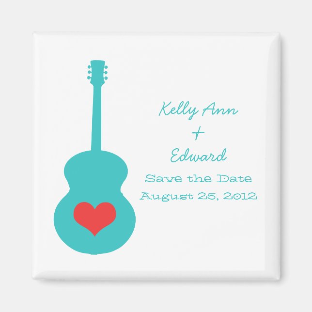 Aqua/Red Guitar Heart Save the Date Magnet (Devant)