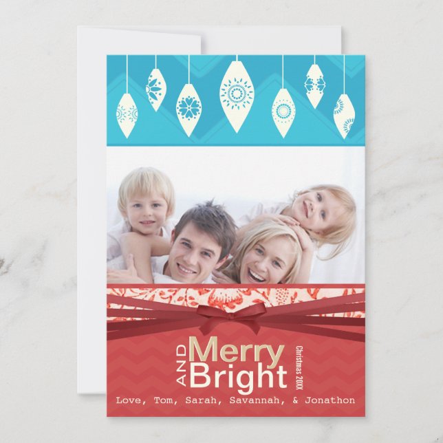 Aqua Red Retro Merry et Bright Family Carte photo (Devant)
