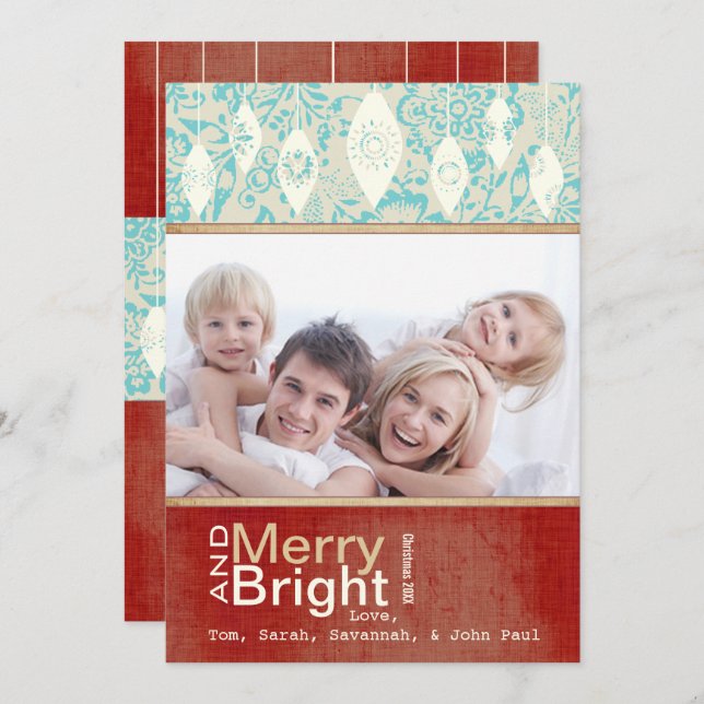 Aqua Red Retro Merry et Bright Family Carte photo (Devant / Derrière)