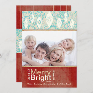 Aqua Red Retro Merry et Bright Family Carte photo
