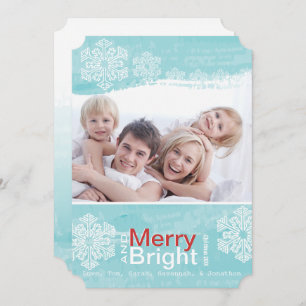 Aqua Red Snowflake Merry Bright Family Carte photo